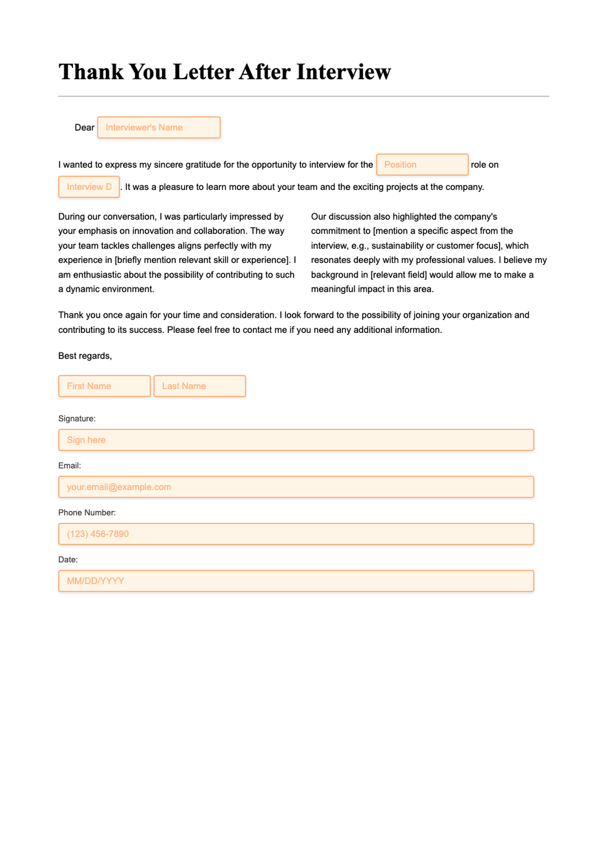 Professional thank you for interview letter template with fillable fields_variant_1